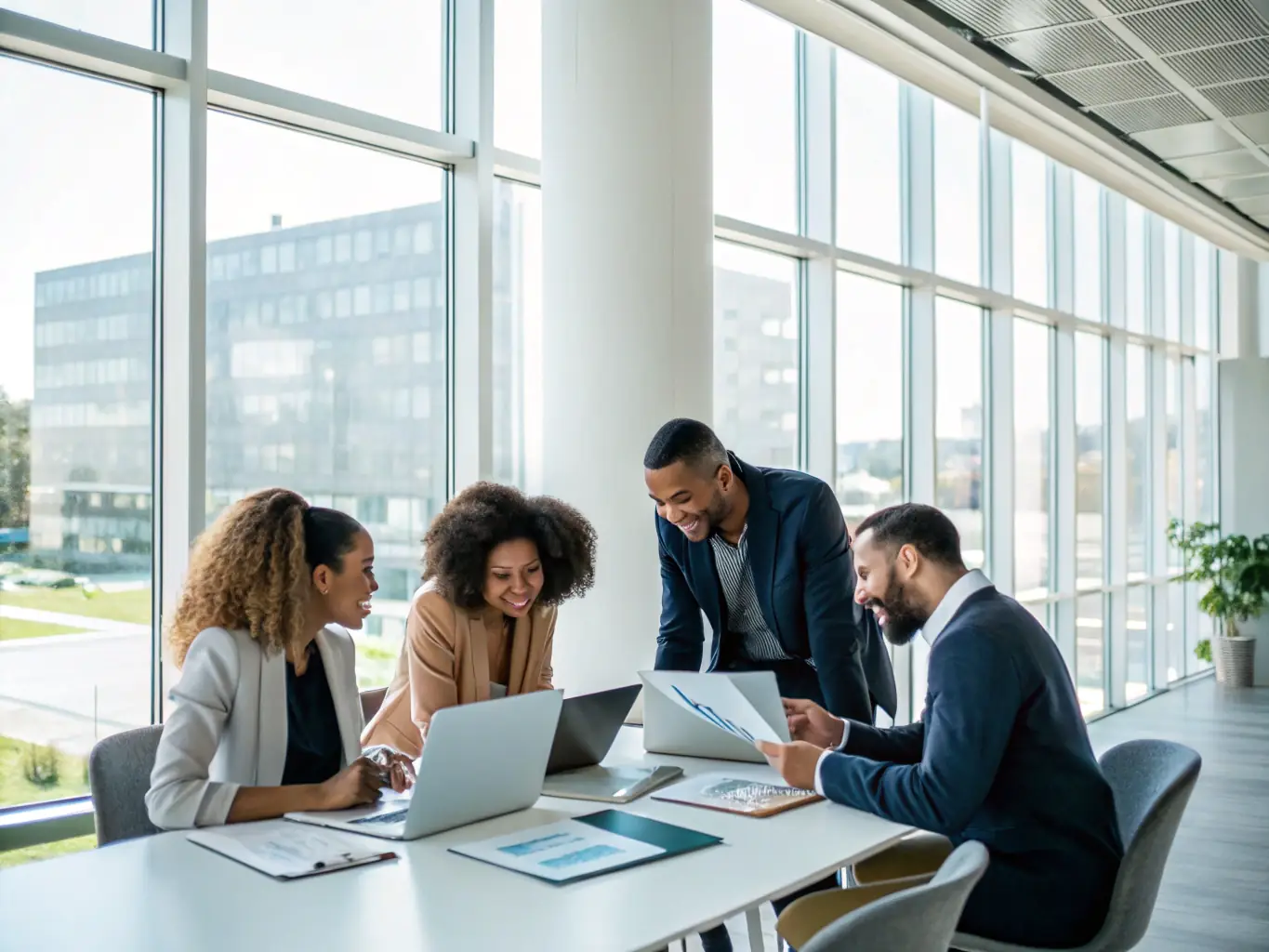 An image of a diverse group of investors collaborating and discussing investment strategies in a modern office.