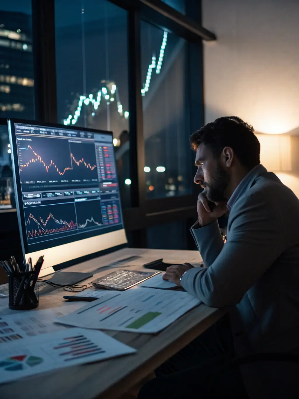 A professional investor reviewing a portfolio performance chart on a computer screen in a modern office setting, symbolizing strategic financial oversight.
